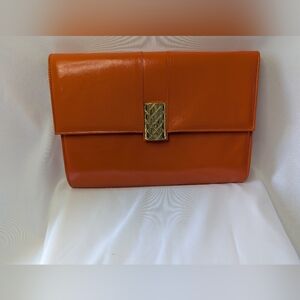 Vintage Brian Jeffrey Orange Leather Clutch with Gold Tone Details